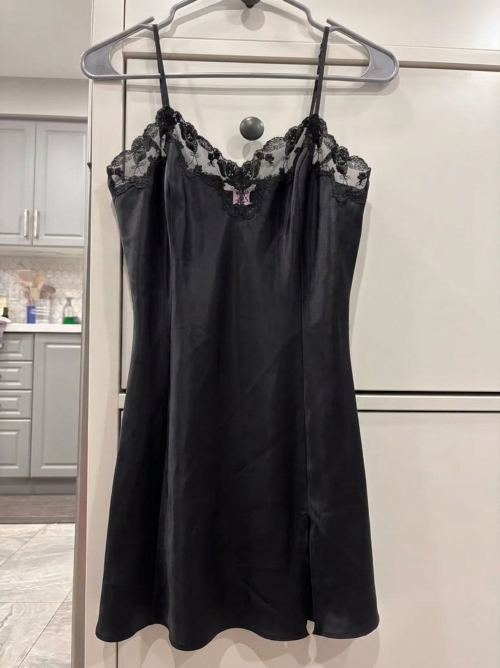 Victoria's Secret Black Satin Chemise with Lace Trim